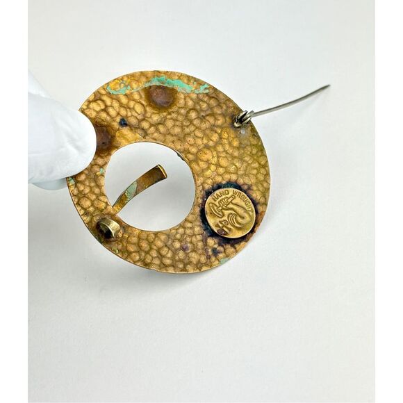 Antique JHP Arts & Crafts Hand Wrought Hammered Bronze Tiger Patina Brooch Pin X - Picture 7 of 8